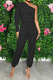 Pink Women Pure Color Oblique Shoulder Long Sleeve Pants Sets MDF5255-1