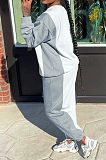 Gray White Casual Color Matching Long Sleeve Round Collar Fleece Sweat Pants Two-Piece BBN192 