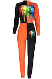 White Euramerican Trendy Casual Color Matching Digital Printing Lips Long Sleeve Round Collar Pants Sets MDF5093-2