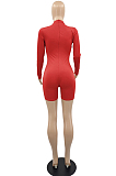 Red Women Long Sleeve O Collar Hollow Out Slim Fitting Solid Color Romper Shorts YMM9083-4