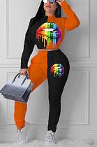 Orange Euramerican Trendy Casual Color Matching Digital Printing Lips Long Sleeve Round Collar Pants Sets MDF5093-3