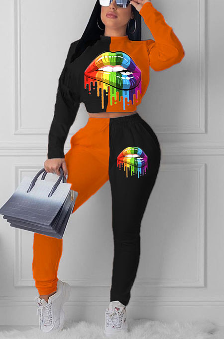 Orange Euramerican Trendy Casual Color Matching Digital Printing Lips Long Sleeve Round Collar Pants Sets MDF5093-3