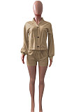 Orange Women Roman Cloth Long Sleeve Solid Color Cardigan Sport Casual Shorts Sets NK259-2