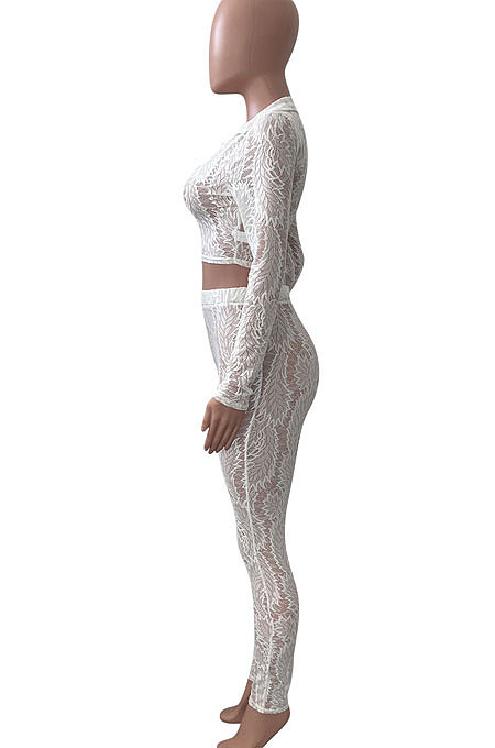 White Women Lace Long Sleeve Tops Tight Sport Casual Pants Sets NK261-1