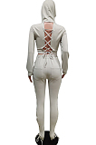 Gray New Cotton Blend Long Sleeve Hoodie Sweat Pants Eyelet Bandage Pure Color Sets F88382-1