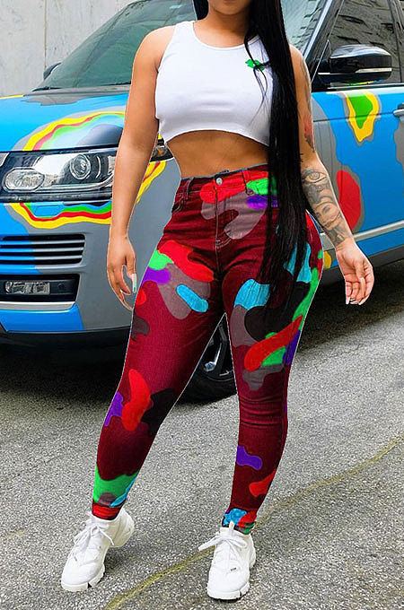 Blue Women Camo Printing Bodycon Mid Waist Long Pants NK0100-1