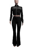 Dark Green Women Korea Velvet  Long Sleeve Zipper Spliced Sport Pants Sets NK263-8