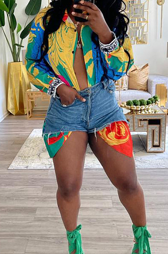 Green Cute Printing Long Sleeve Lapel Neck Single-Breasted Shirts MTY6562