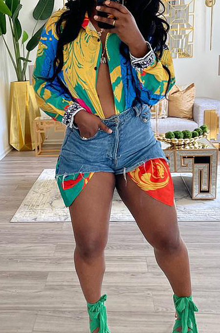 Green Cute Printing Long Sleeve Lapel Neck Single-Breasted Shirts MTY6562