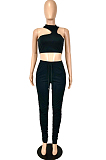 Black Cotton Blend Irregularity Sleeveless High Neck Tank Drawsting Ruffle Pants Solid Color Two-Piece YNS1663-1