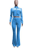 Brown Women Korea Velvet  Long Sleeve Zipper Spliced Sport Pants Sets NK263-9