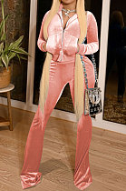 Orange Pink Women Korea Velvet  Long Sleeve Zipper Spliced Sport Pants Sets NK263-12