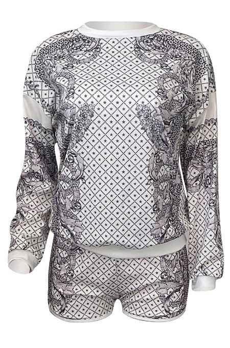 White Women Positioning Printing Casual Long Sleeve Round Collar Blouse Shorts Sets NK257-1