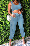 Brown Sleeveless U Neck Tank With Pocket Drawsting Sweat Pants Solid Color Casual Yoga Sets H1651-2