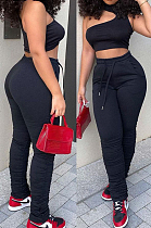 Black Cotton Blend Irregularity Sleeveless High Neck Tank Drawsting Ruffle Pants Solid Color Two-Piece YNS1663-1