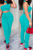 Cyan Cotton Blend Irregularity Sleeveless High Neck Tank Drawsting Ruffle Pants Solid Color Two-Piece YNS1663-3