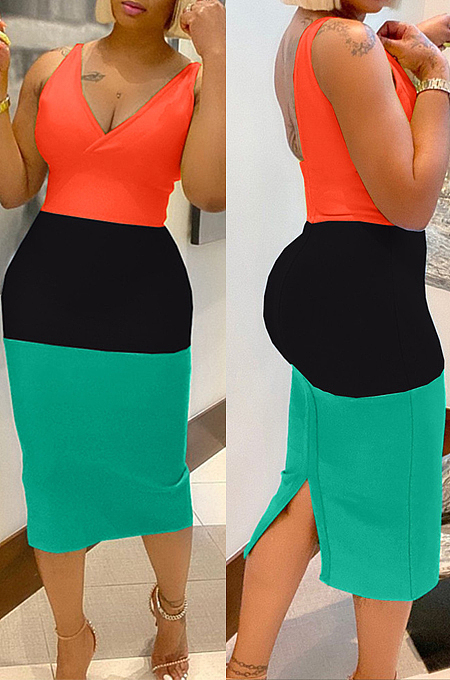 Red New Summer Contarst Color Spliced Sleeveless V Collar Backless Bodycon Midi Dress YNS16803-1