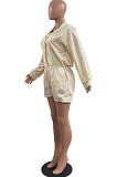 Cream Autumn And Winter Pure Color Long Sleeve Lapel Collar Collcet Waist Elestic Drawsting Romper Shorts H1687-1