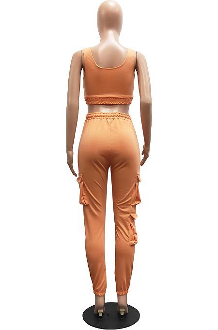 Black Sleeveless U Neck Tank With Pocket Drawsting Sweat Pants Solid Color Casual Yoga Sets H1651-1