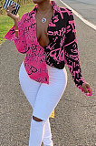 Red Women Graffiti Printing Turn-Down Collar Long Sleeve Cardigan Loose Shirts NK057-4