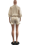 Red Casual Half Sleeve Lapel Collar Single-Breasted Elesticband Ruffle Solid Color Romper Shorts H1685-3