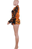 Red Women Graffiti Printing Turn-Down Collar Long Sleeve Cardigan Loose Shirts NK057-4