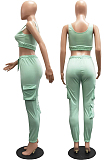 White Sleeveless U Neck Tank With Pocket Drawsting Sweat Pants Solid Color Casual Yoga Sets H1651-6