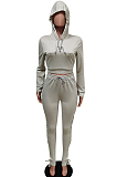 Brown Red New Cotton Blend Long Sleeve Hoodie Sweat Pants Eyelet Bandage Pure Color Sets F88382-3