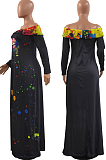 Wholesal New Lips Printing Long Sleeve A Word Shoulder Loose Collcet Waist Long Dress H1688