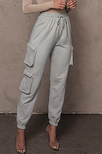 Gray Casual Pure Color With Pocket Drawsting Ankle Banded Pants H1653-3