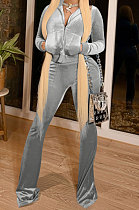 Gray Women Korea Velvet  Long Sleeve Zipper Spliced Sport Pants Sets NK263-6