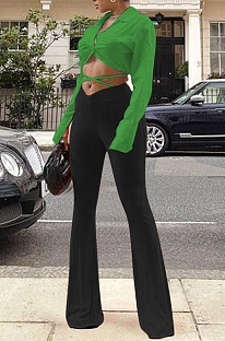 Green Wholesal Women Long Sleeve Lapel Neck Backless Tide Shirt Slim Fitting Flared Pants Two-Piece F88389-3