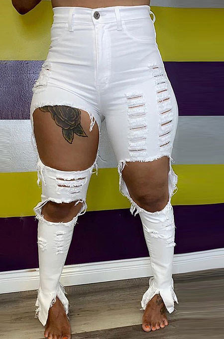 White Women Hole Pure Color Split Long Pants NZ919-1