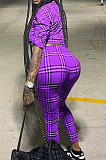 Khaki Plaid Printing Long Sleeve Lapel Neck Single-Breadsted Shirts Bodycon Pants Sets F88381-1