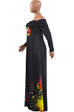 Wholesal New Lips Printing Long Sleeve A Word Shoulder Loose Collcet Waist Long Dress H1688