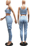 Brown Sleeveless U Neck Tank With Pocket Drawsting Sweat Pants Solid Color Casual Yoga Sets H1651-2