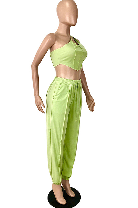 Lotus Summer Pure Color Spliced Oblique Shoulder Condole Belt Tank Loose Ankle Banded Pants Sets YNS1662-2