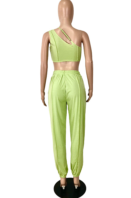 Lotus Summer Pure Color Spliced Oblique Shoulder Condole Belt Tank Loose Ankle Banded Pants Sets YNS1662-2