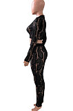 Black Women Lace Long Sleeve Tops Bodycon Sport Casual Pants Sets NK261-2