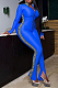 Blue Fashion Pure Color Printing Long Sleeve Stand Collar Zippet Slim Fitting Bodycon Jumpsuits F88387-2