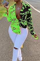 Green Women Graffiti Printing Turn-Down Collar Long Sleeve Cardigan Loose Shirts NK057-6