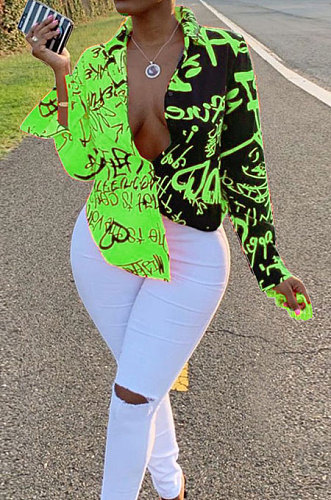 Green Women Graffiti Printing Turn-Down Collar Long Sleeve Cardigan Loose Shirts NK057-6