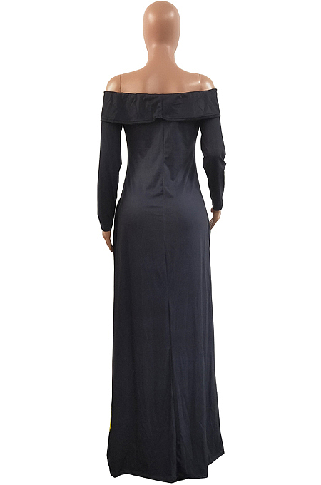 Wholesal New Lips Printing Long Sleeve A Word Shoulder Loose Collcet Waist Long Dress H1688