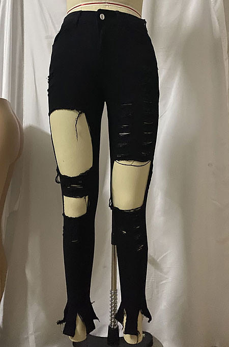 Black Women Hole Pure Color Split Long Pants NZ919-2