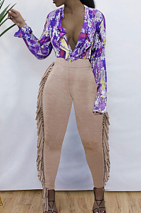 Champagne Cute Tassel High Waist Solid Color Bodycon Pants MTY6568-3