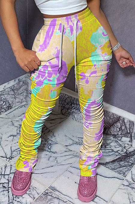 Yellow Women Shirred Detail Tight Mid Waist Long Pants NK105-2