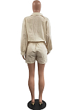 Red Autumn And Winter Pure Color Long Sleeve Lapel Collar Collcet Waist Elestic Drawsting Romper Shorts H1687-3