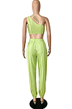 Blue Summer Pure Color Spliced Oblique Shoulder Condole Belt Tank Loose Ankle Banded Pants Sets YNS1662-3