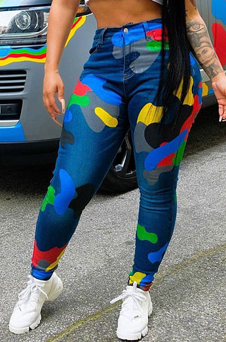 Blue Women Camo Printing Bodycon Mid Waist Long Pants NK0100-1