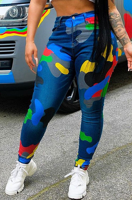 Blue Women Camo Printing Bodycon Mid Waist Long Pants NK0100-1